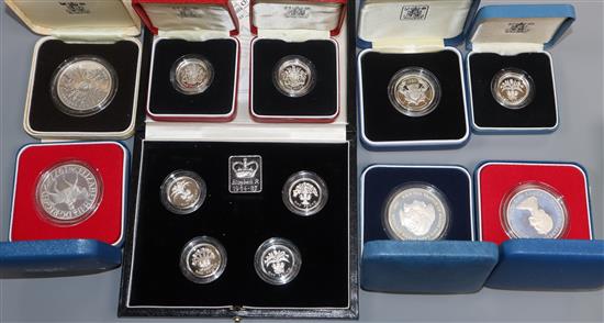 Royal Mint 1984-1987, pound silver proof piedfort silver crowns, three pound coins and a two pound coin